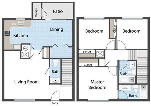 Floor plan for 3 beds, 2.5 baths, 1190 sqft